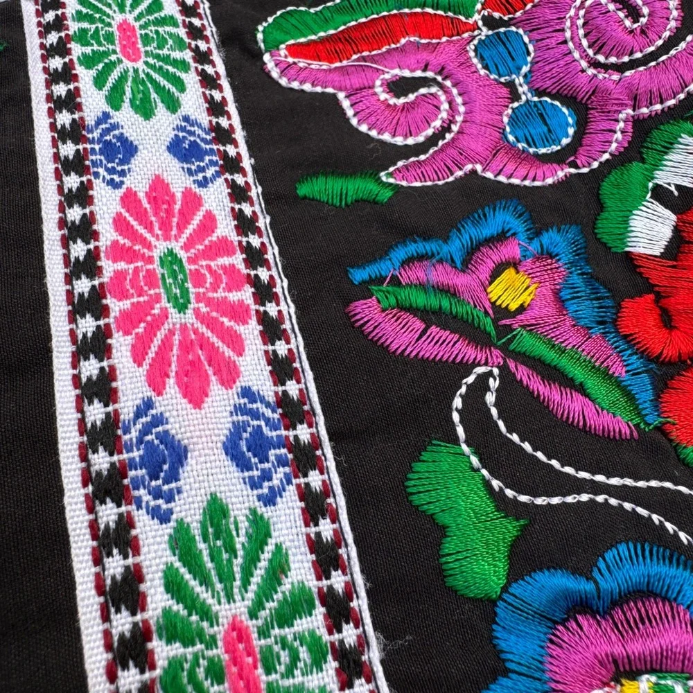 Vintage Hmong Embroidered Folk Art Textile Tapestry Black Multi Boho Floral